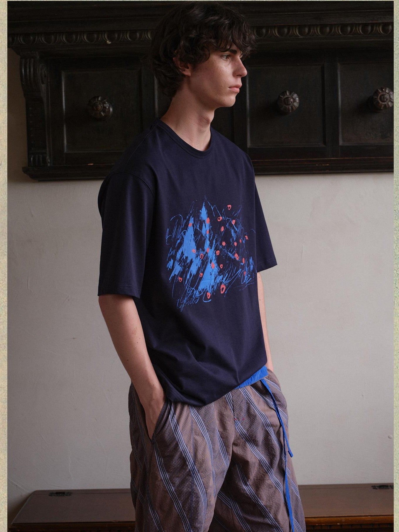 soknot Abstract Snow Mountain Print Loose Fit Men's Cotton Short Sleeve T-shirts