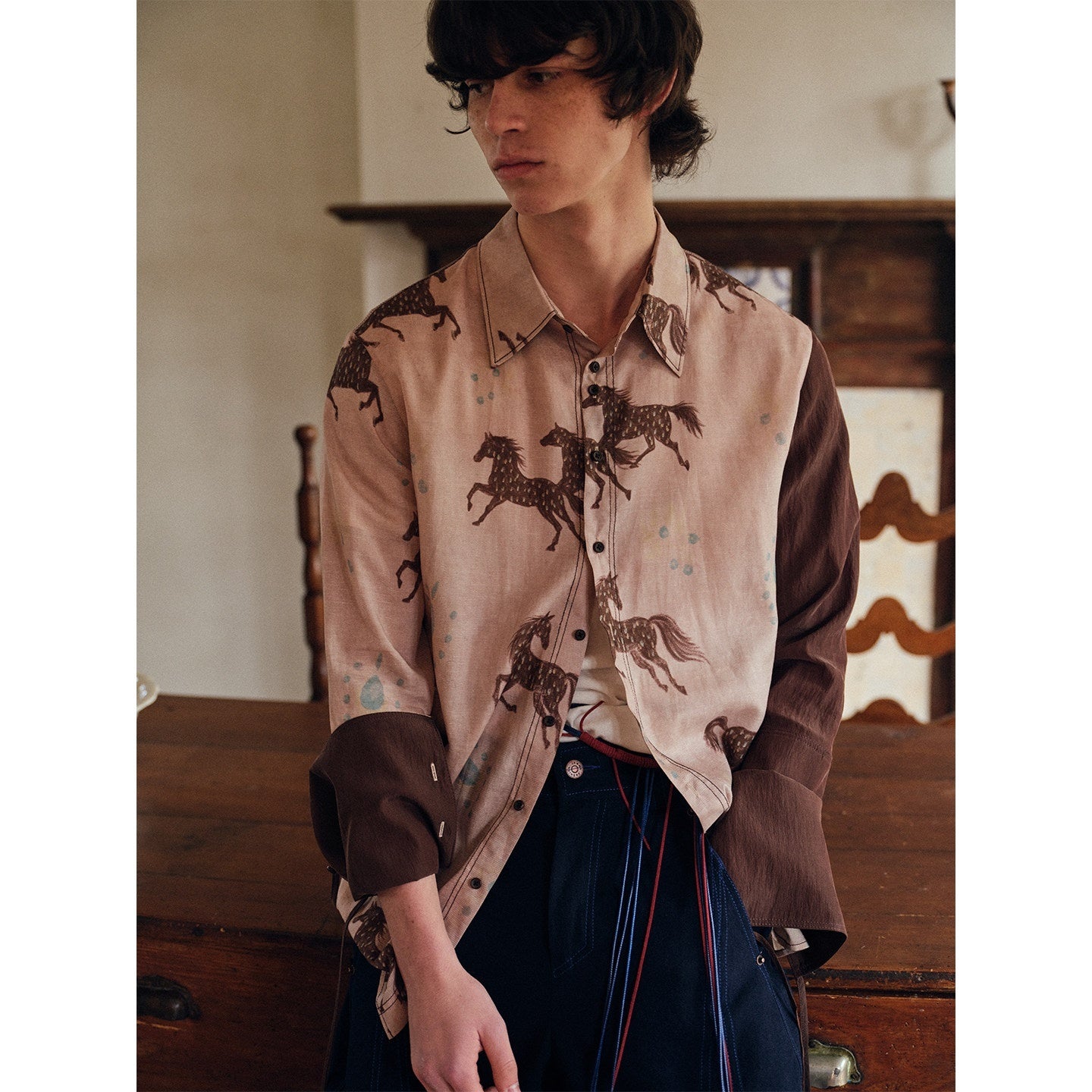 soknot_Asymmetrical_Long_Sleeve_Oversized_Horse_Floral_Print_Men's_Print_Shirts_MISSTT