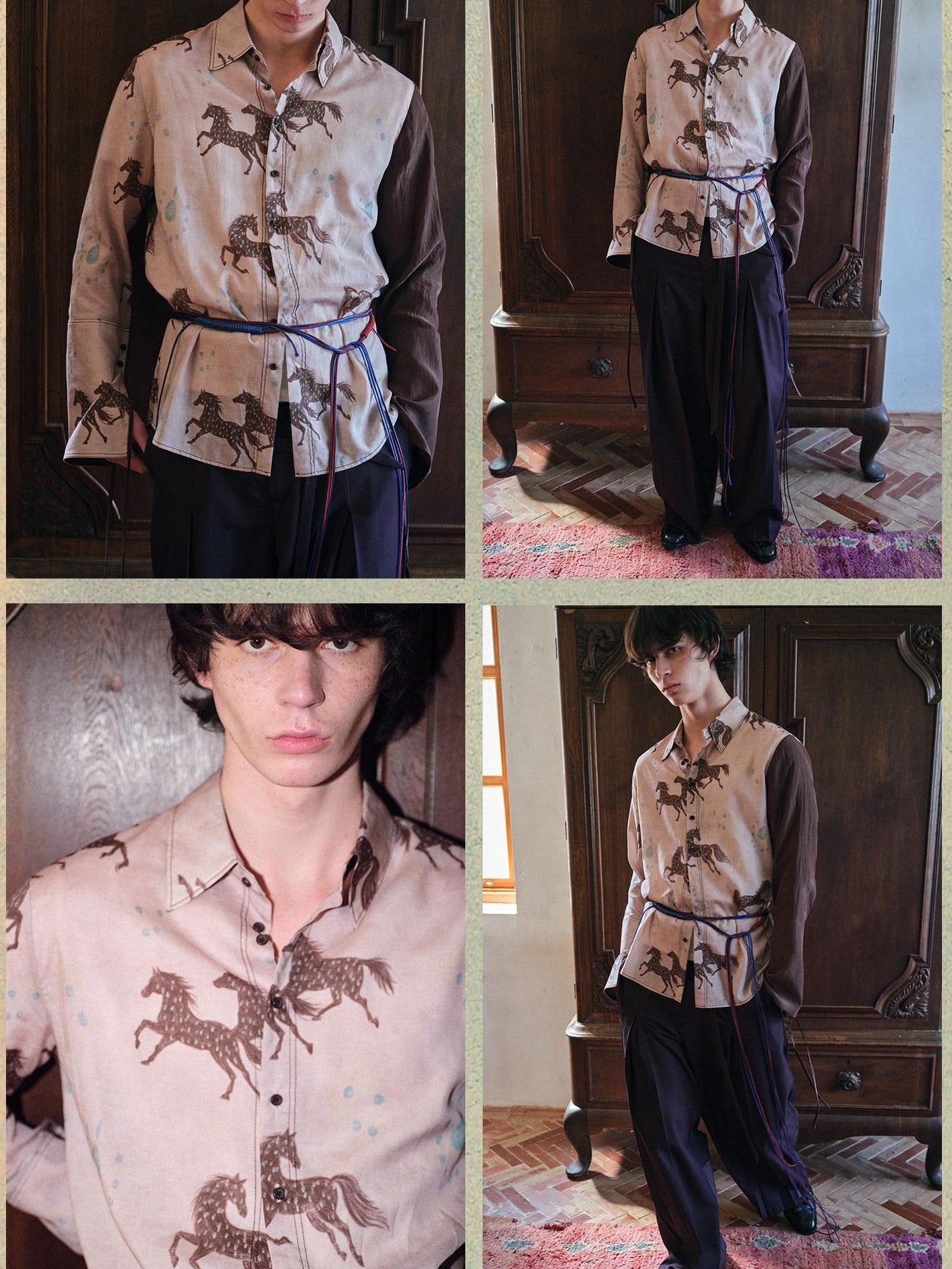 soknot Asymmetrical Long Sleeve Oversized Horse Floral Print Men's Print Shirts