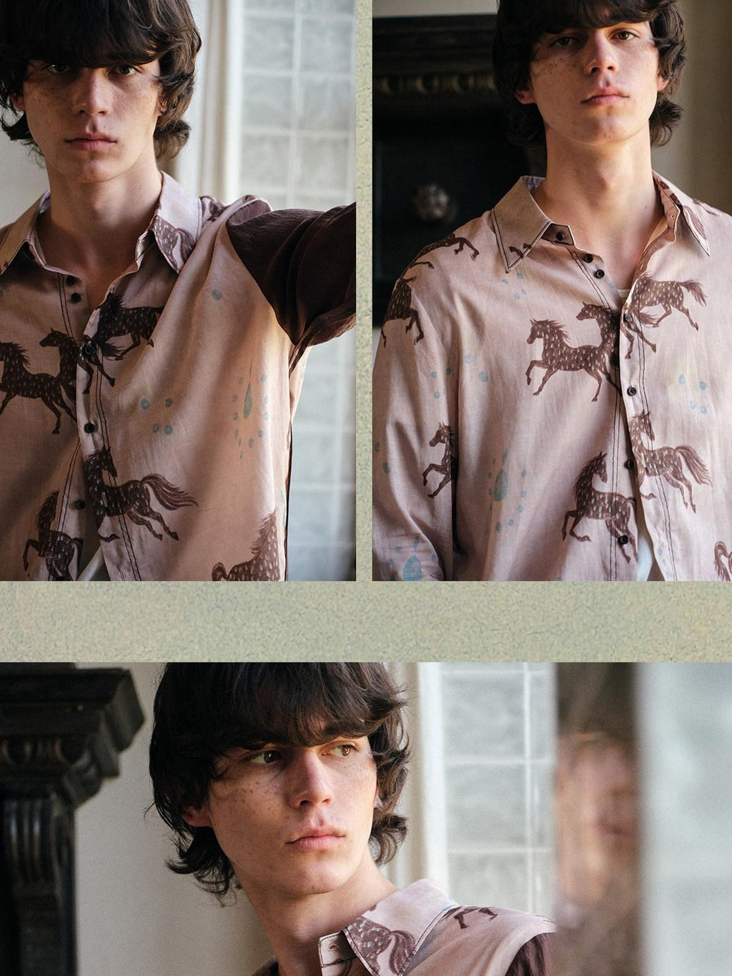 soknot Asymmetrical Long Sleeve Oversized Horse Floral Print Men's Print Shirts