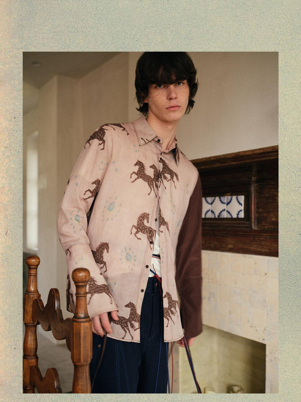 soknot Asymmetrical Long Sleeve Oversized Horse Floral Print Men's Print Shirts