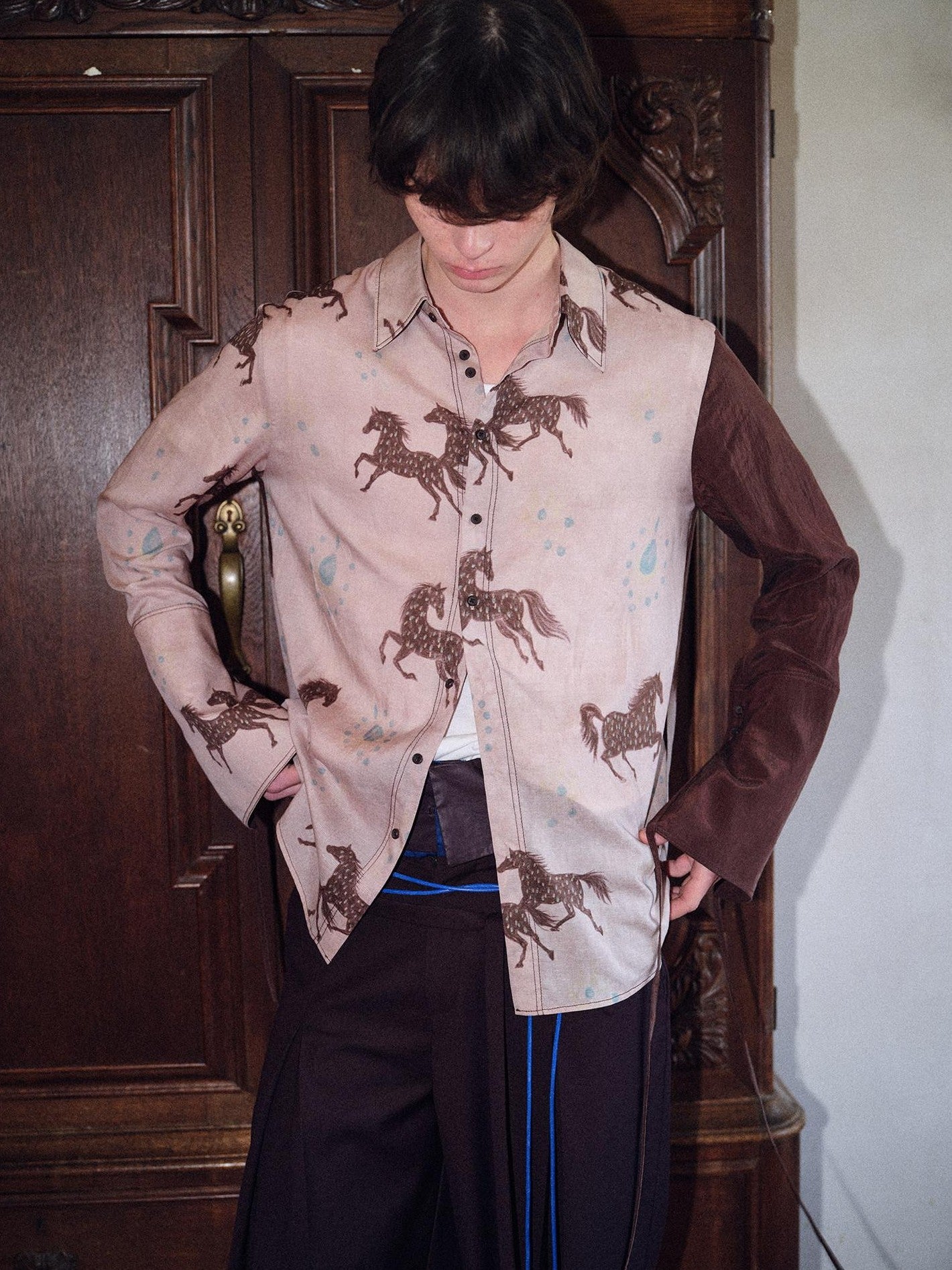 soknot Asymmetrical Long Sleeve Oversized Horse Floral Print Men's Print Shirts