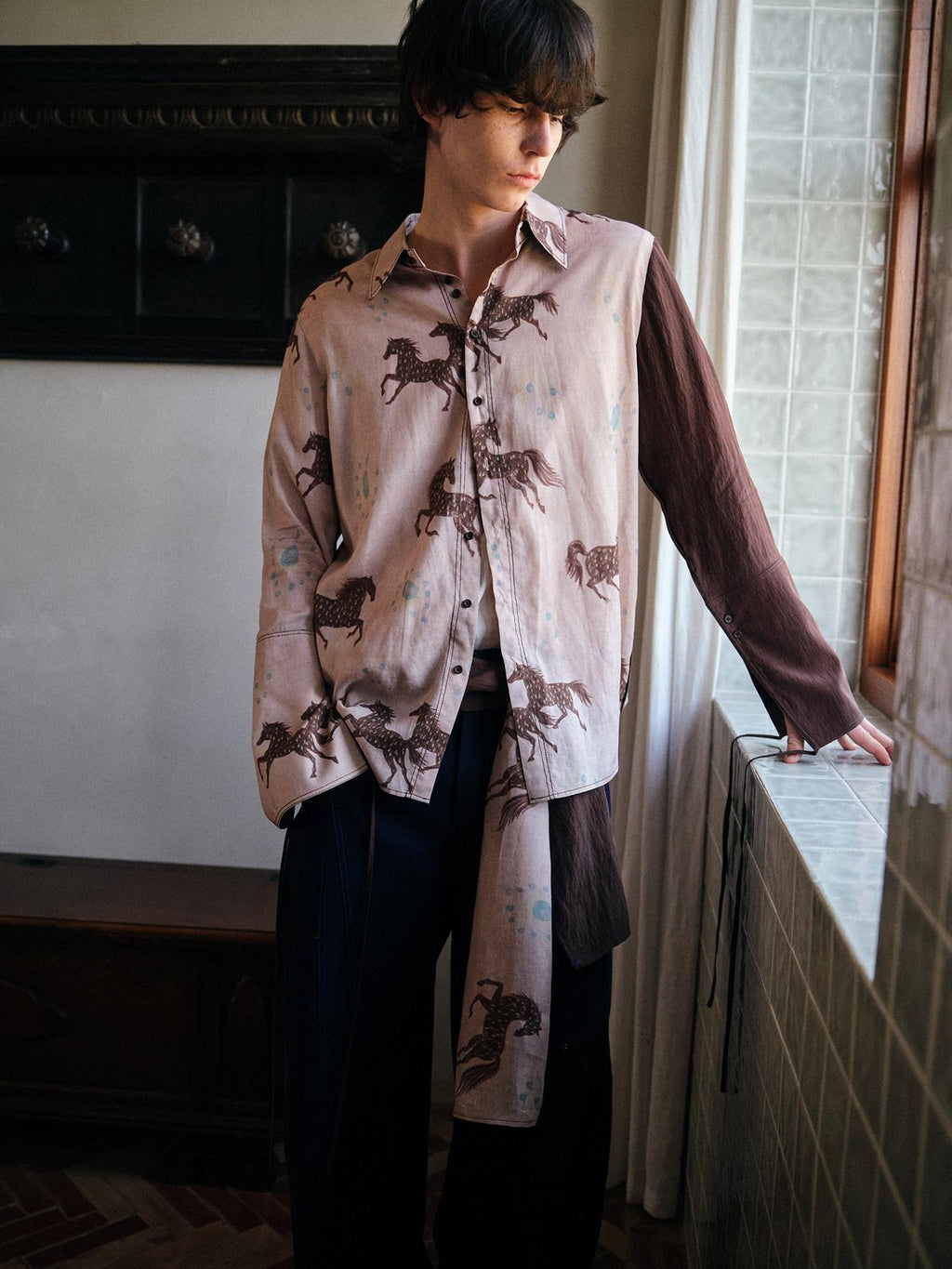 soknot Asymmetrical Long Sleeve Oversized Horse Floral Print Men's Print Shirts