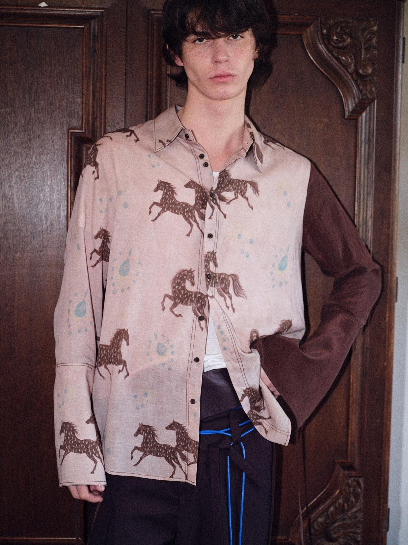 soknot Asymmetrical Long Sleeve Oversized Horse Floral Print Men's Print Shirts