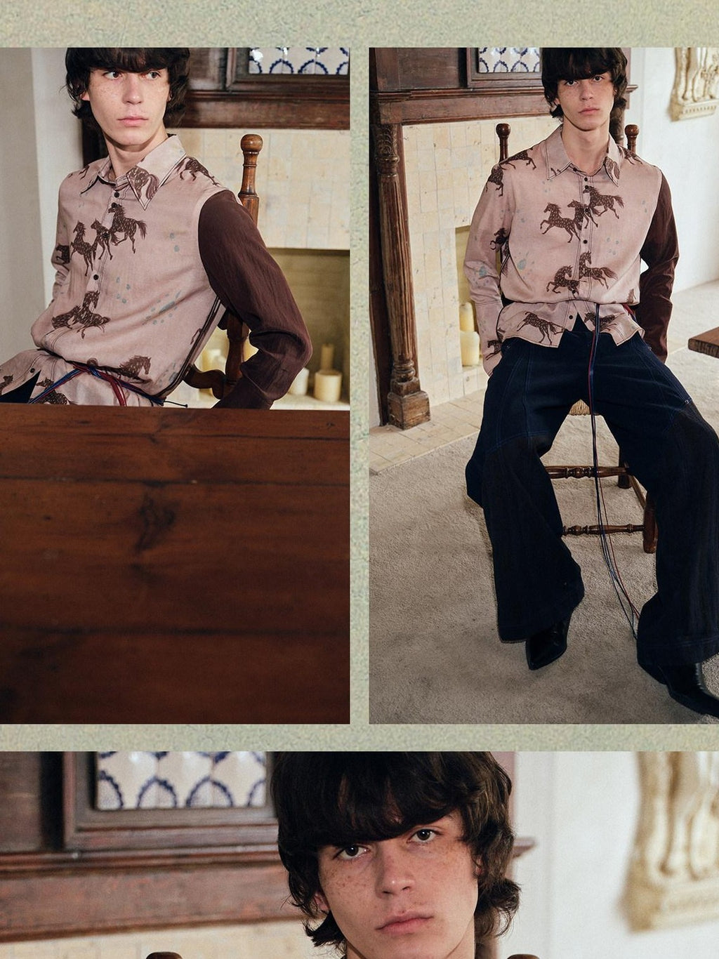 soknot Asymmetrical Long Sleeve Oversized Horse Floral Print Men's Print Shirts