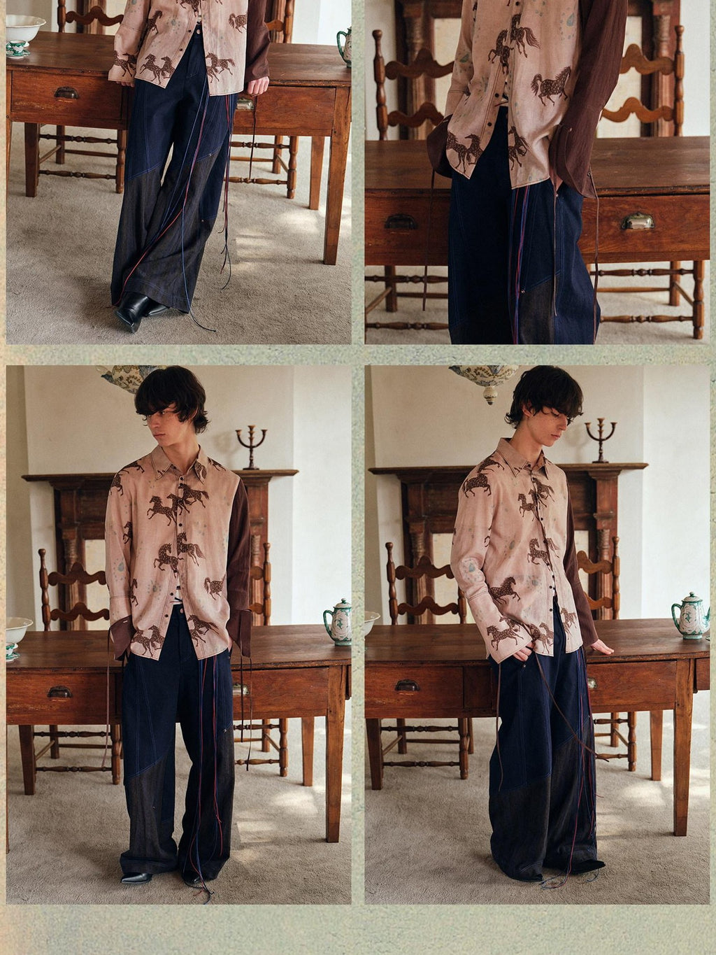 soknot Asymmetrical Long Sleeve Oversized Horse Floral Print Men's Print Shirts