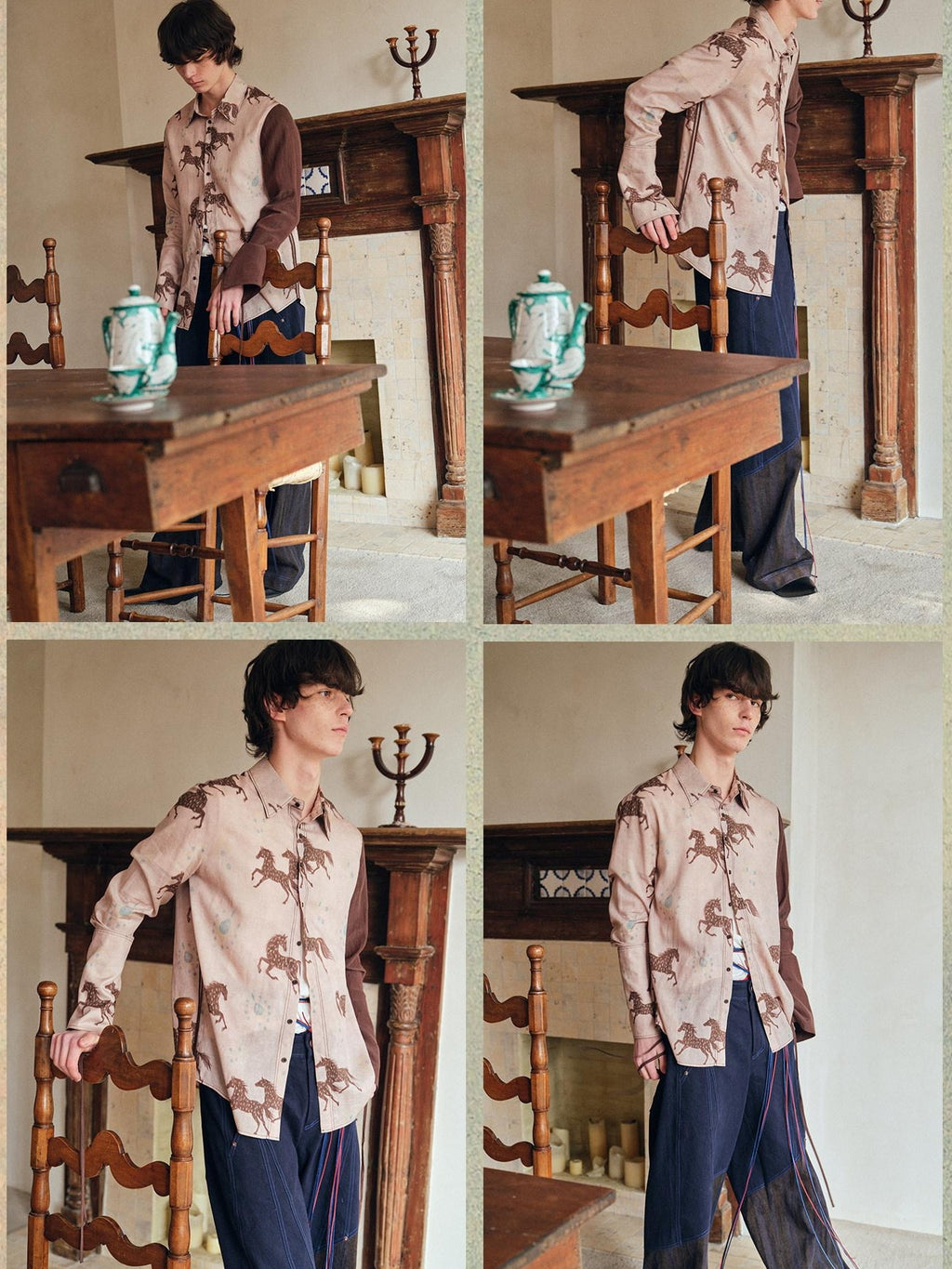 soknot Asymmetrical Long Sleeve Oversized Horse Floral Print Men's Print Shirts