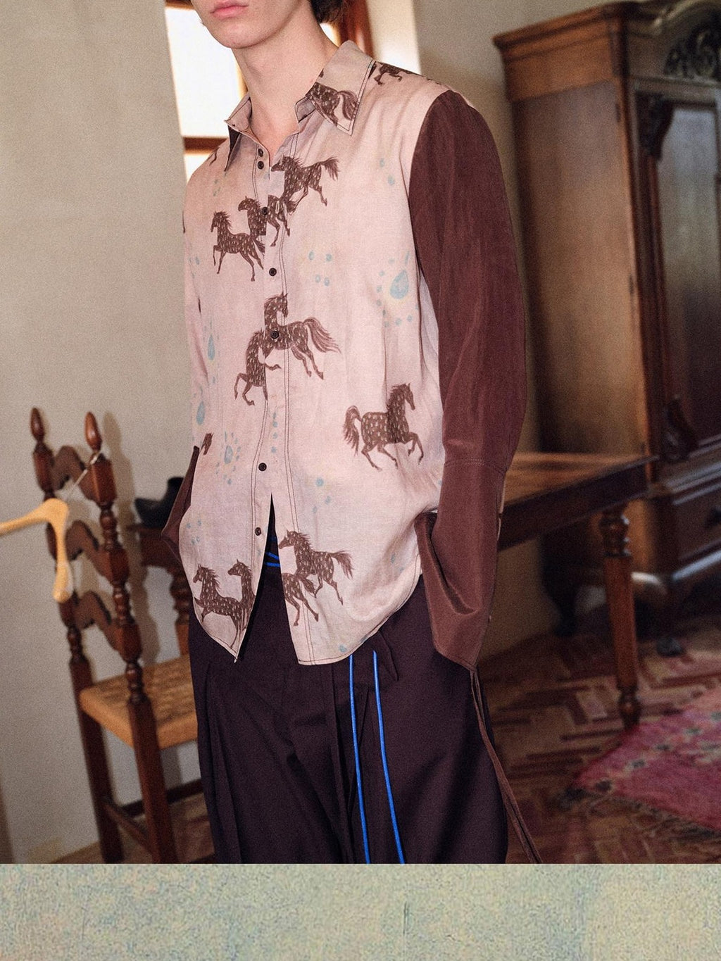 soknot Asymmetrical Long Sleeve Oversized Horse Floral Print Men's Print Shirts