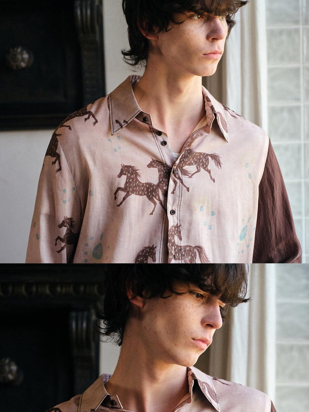 soknot Asymmetrical Long Sleeve Oversized Horse Floral Print Men's Print Shirts