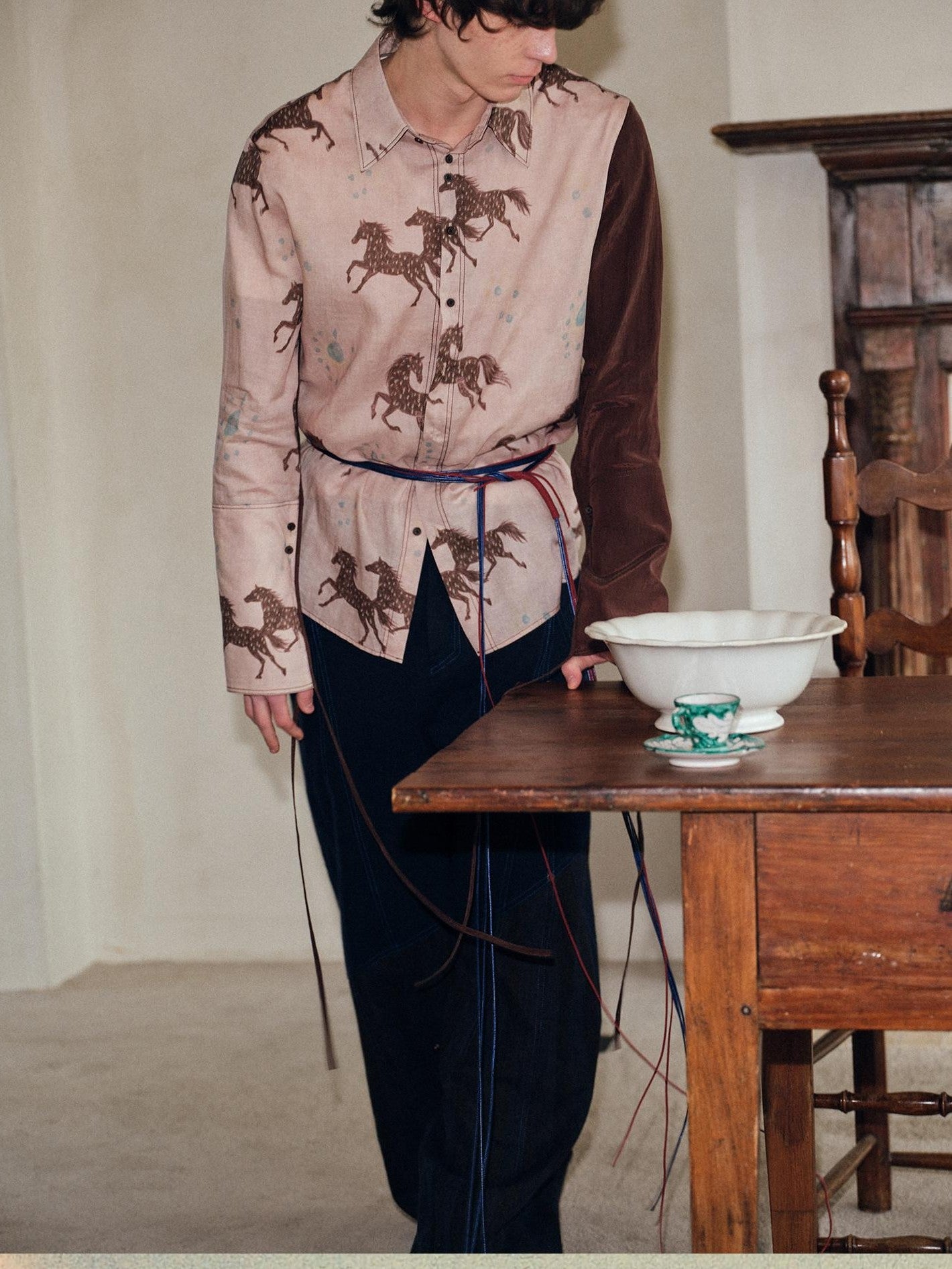 soknot Asymmetrical Long Sleeve Oversized Horse Floral Print Men's Print Shirts