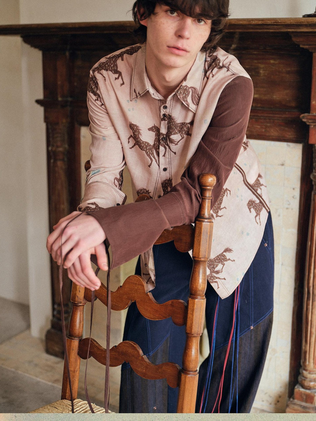soknot Asymmetrical Long Sleeve Oversized Horse Floral Print Men's Print Shirts
