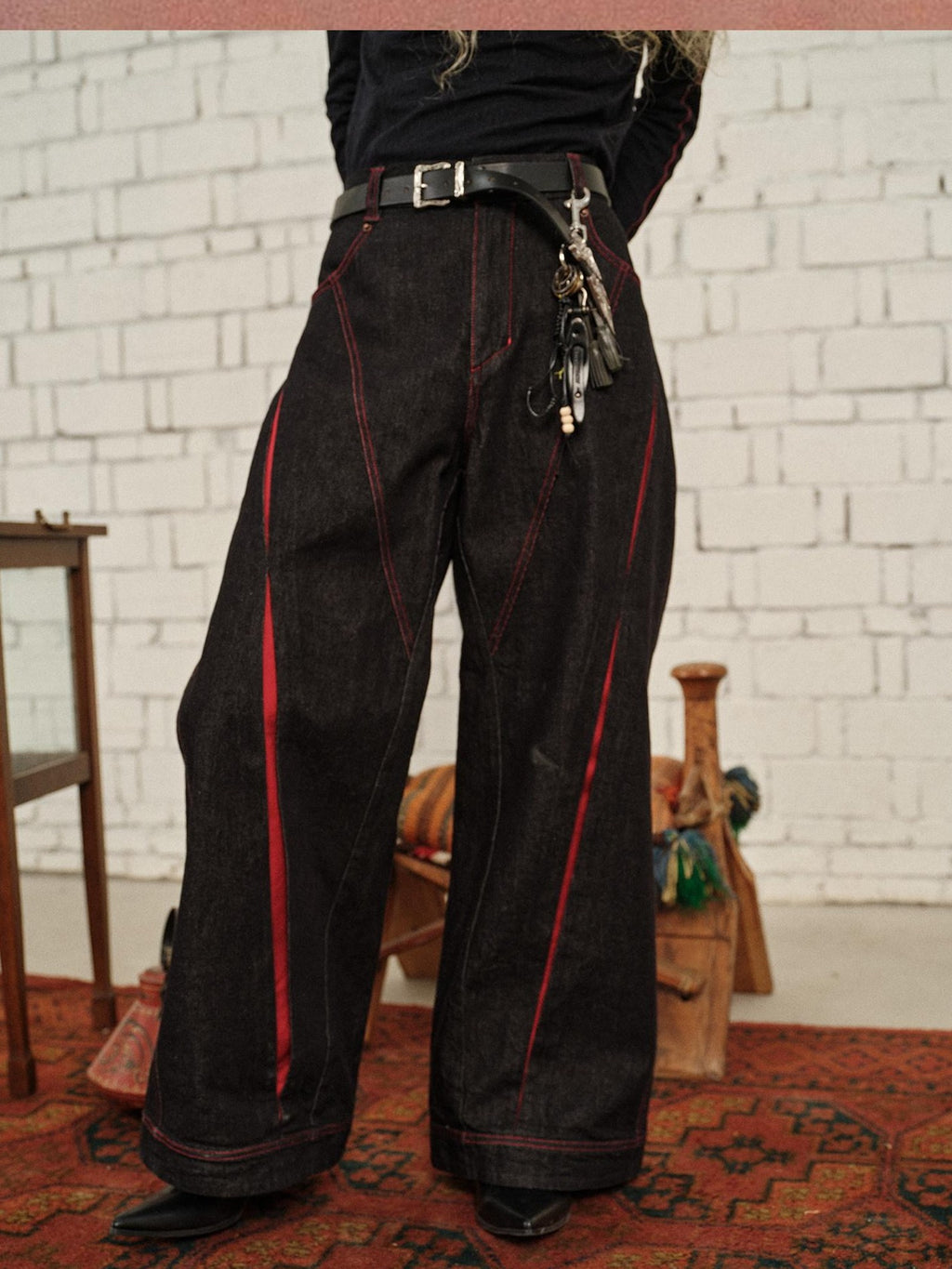 soknot Black Red Colorblock Patchwork 3d Tailored Men's Cotton Denim Relaxed Jeans