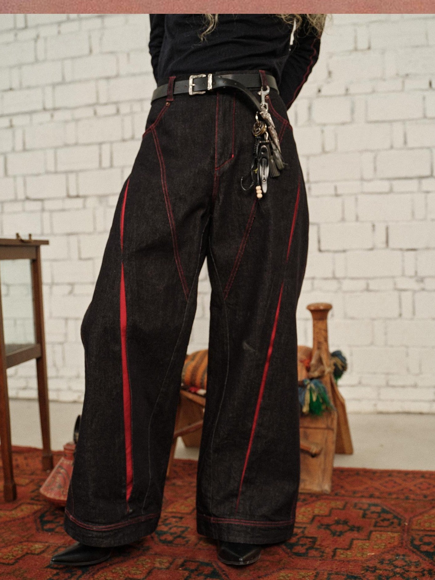 soknot Black Red Colorblock Patchwork 3d Tailored Men's Cotton Denim Relaxed Jeans