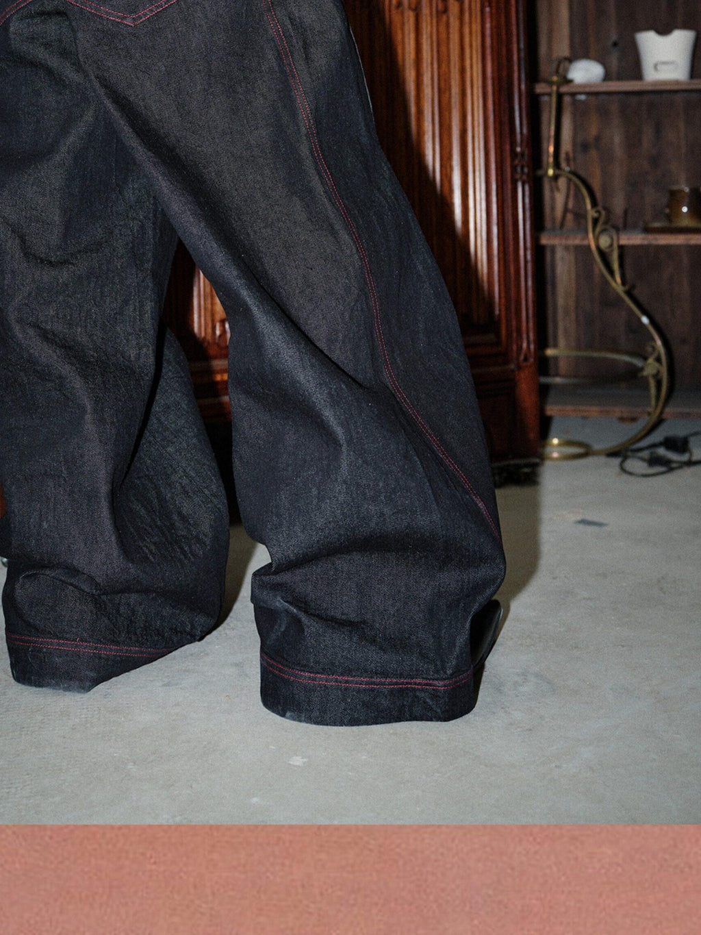 soknot Black Red Colorblock Patchwork 3d Tailored Men's Cotton Denim Relaxed Jeans