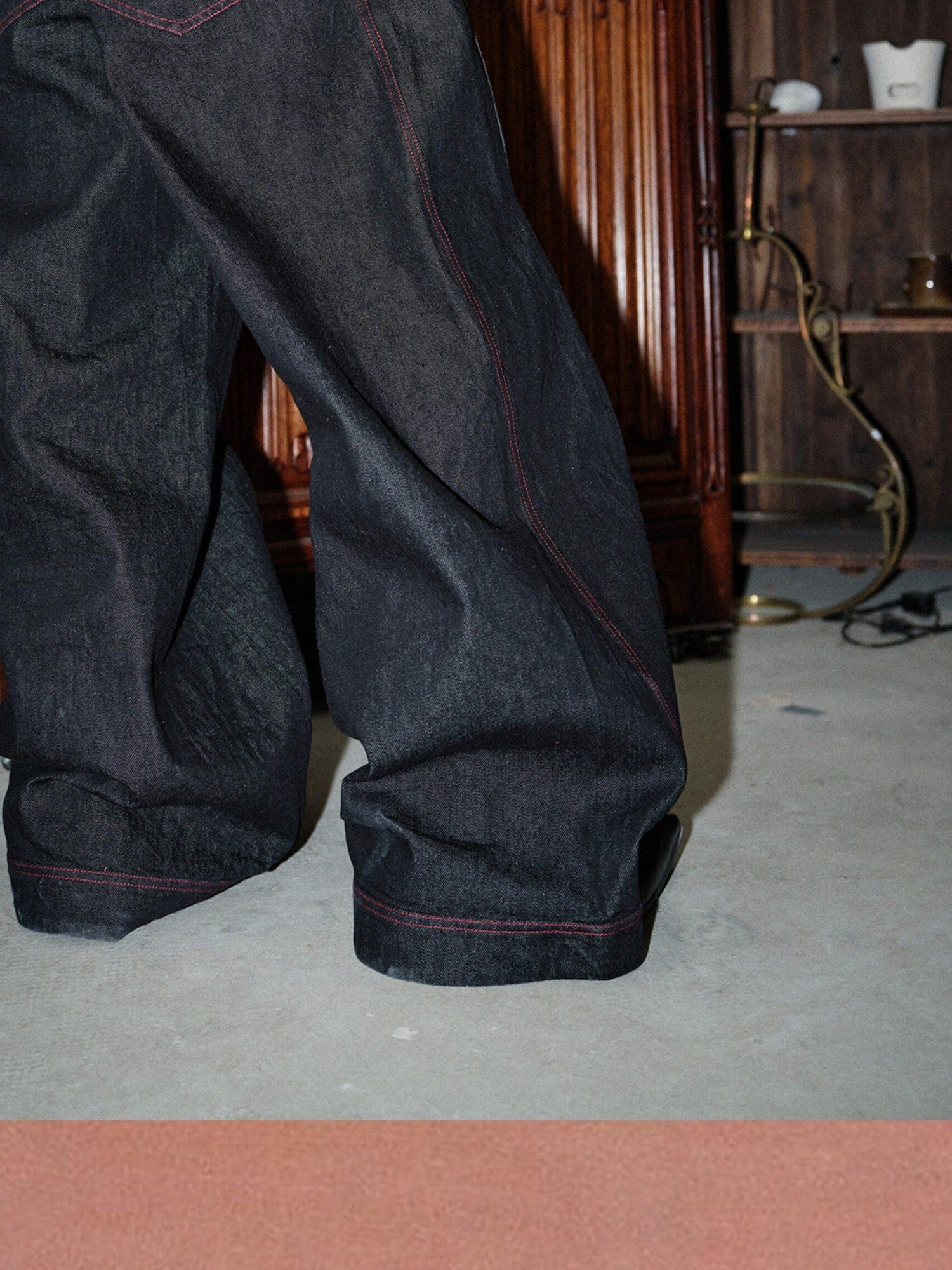 soknot Black Red Colorblock Patchwork 3d Tailored Men's Cotton Denim Relaxed Jeans
