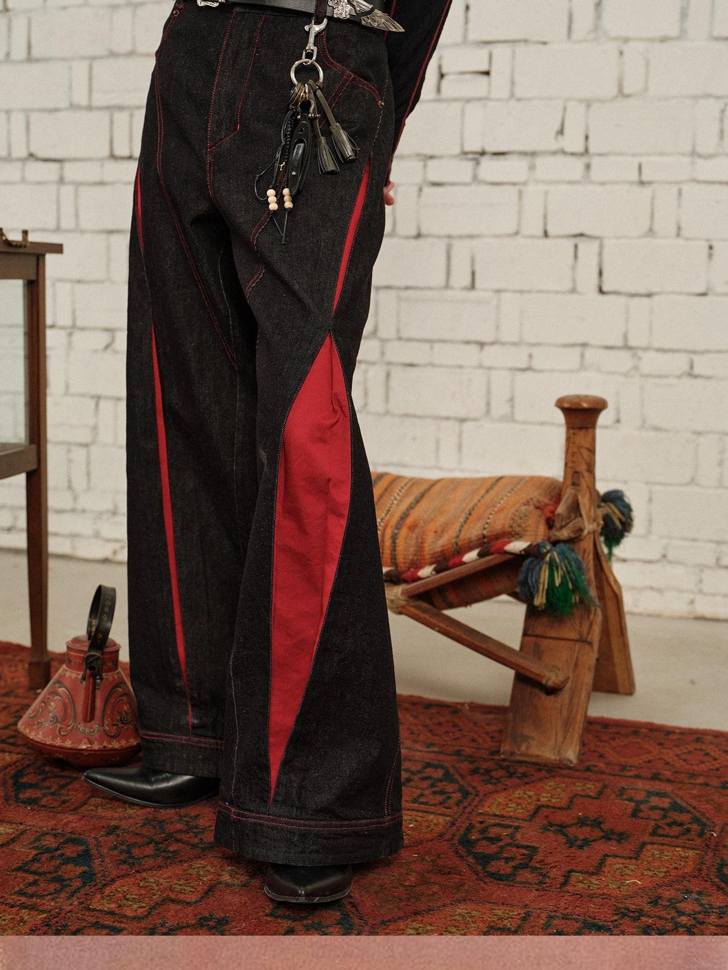 soknot Black Red Colorblock Patchwork 3d Tailored Men's Cotton Denim Relaxed Jeans