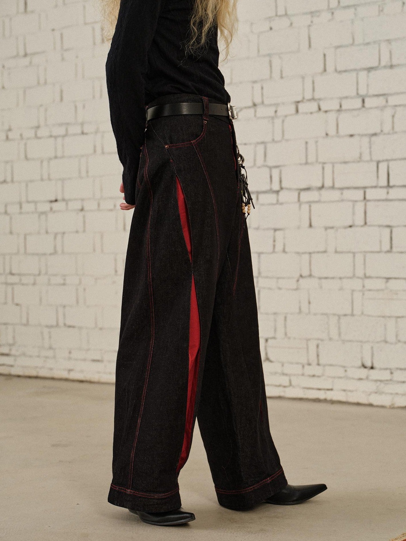 soknot Black Red Colorblock Patchwork 3d Tailored Men's Cotton Denim Relaxed Jeans