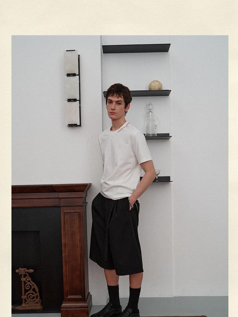 soknot Black Straight Wide Leg Cropped Men's Poly Viscose Blend Tailored Shorts