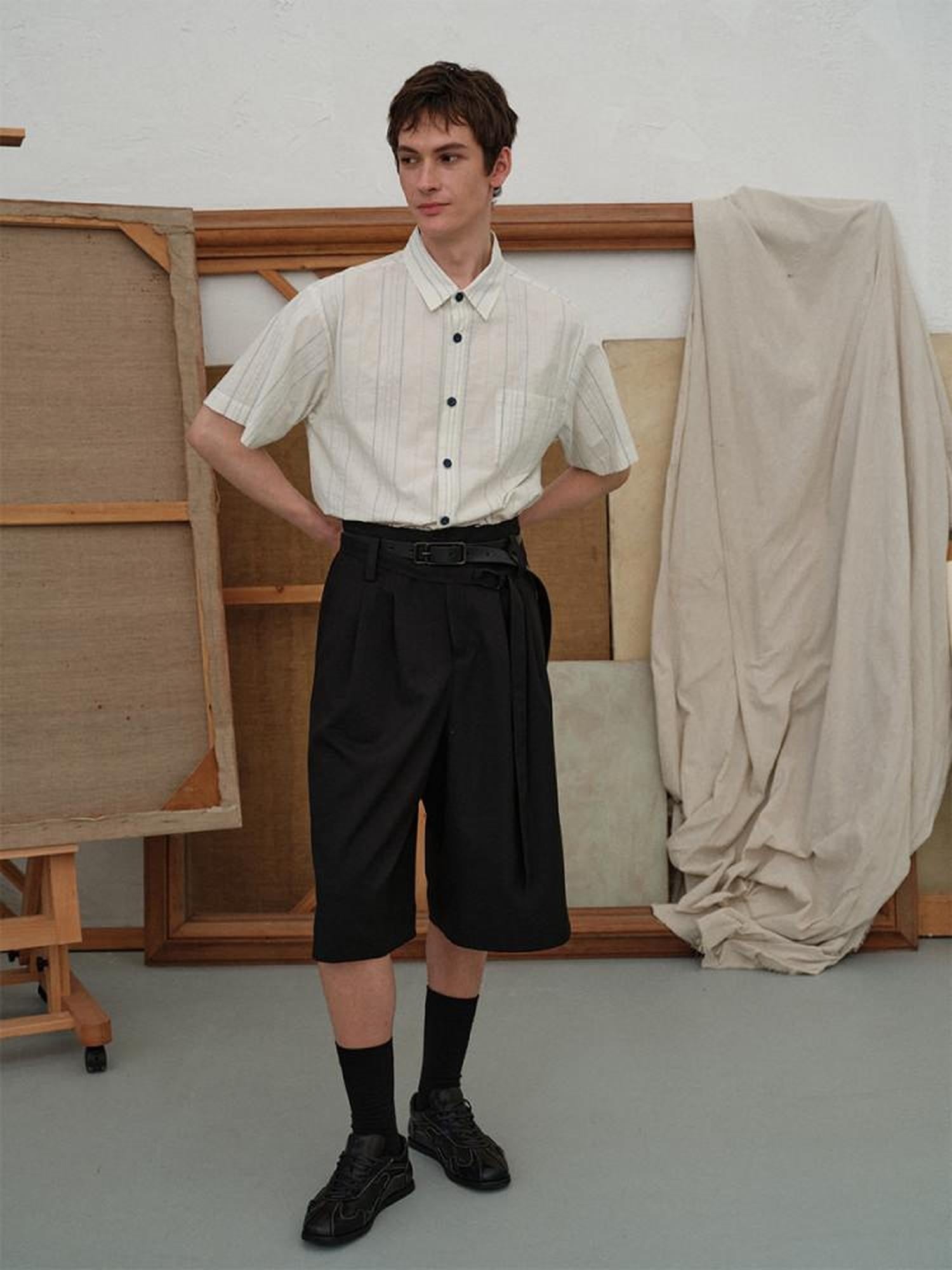 soknot Black Straight Wide Leg Cropped Men's Poly Viscose Blend Tailored Shorts