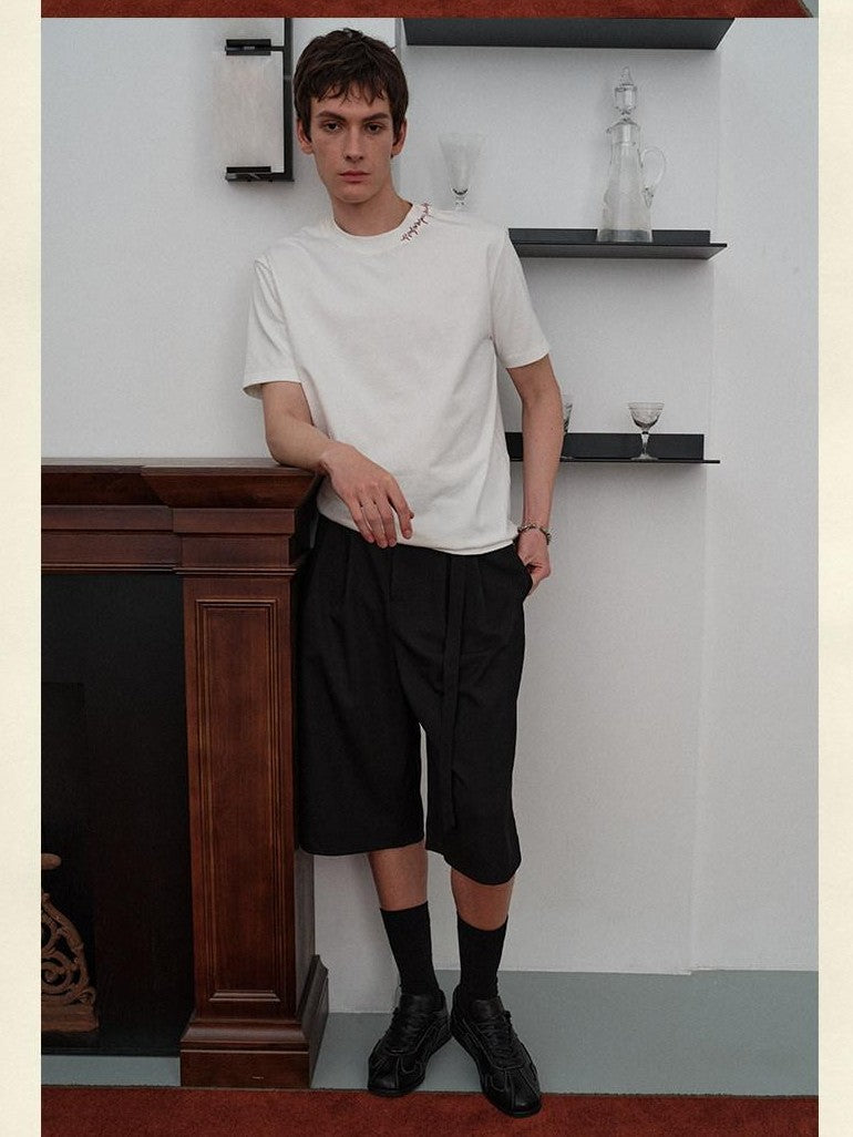 soknot Black Straight Wide Leg Cropped Men's Poly Viscose Blend Tailored Shorts