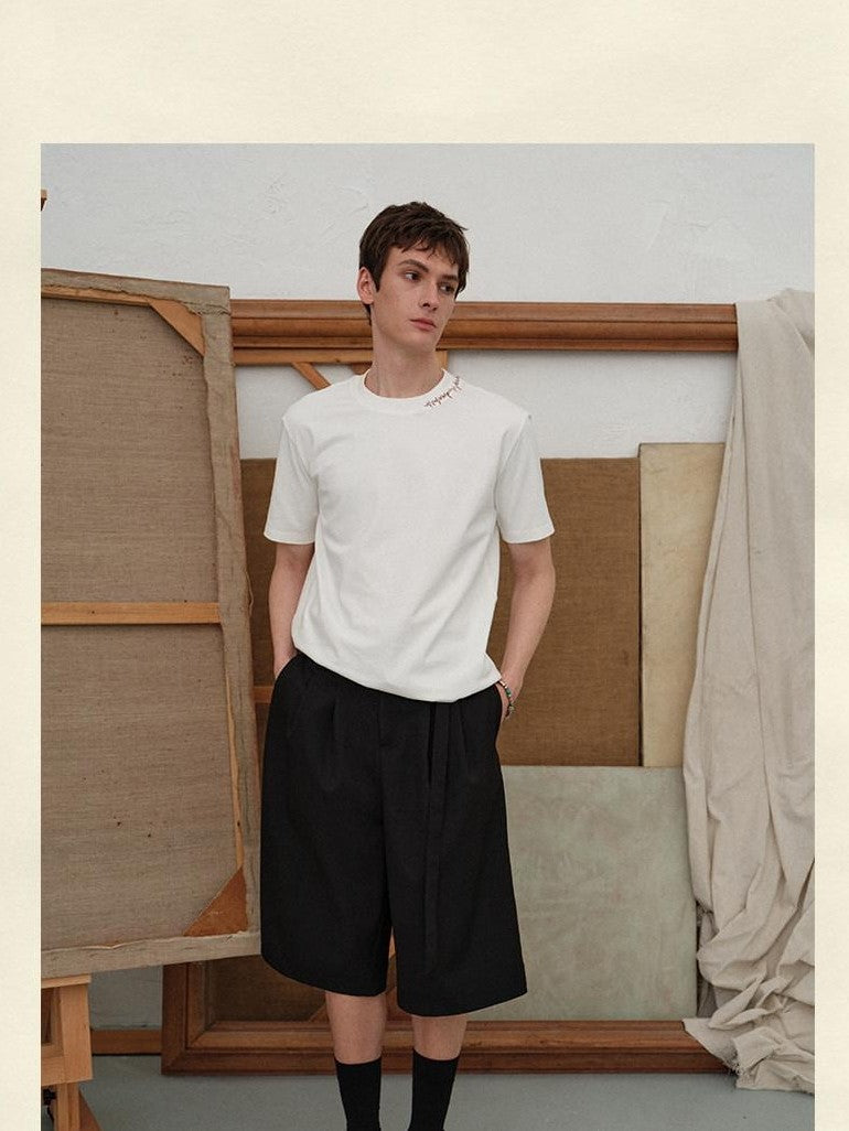 soknot Black Straight Wide Leg Cropped Men's Poly Viscose Blend Tailored Shorts
