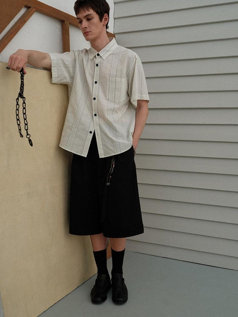 soknot Black Straight Wide Leg Cropped Men's Poly Viscose Blend Tailored Shorts