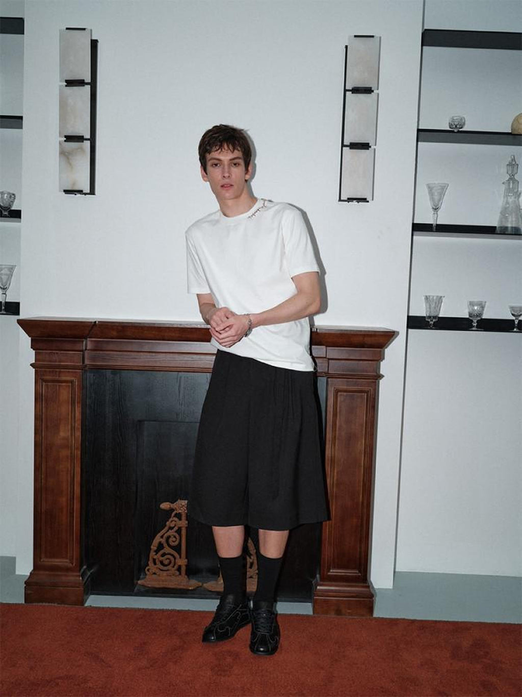 soknot Black Straight Wide Leg Cropped Men's Poly Viscose Blend Tailored Shorts