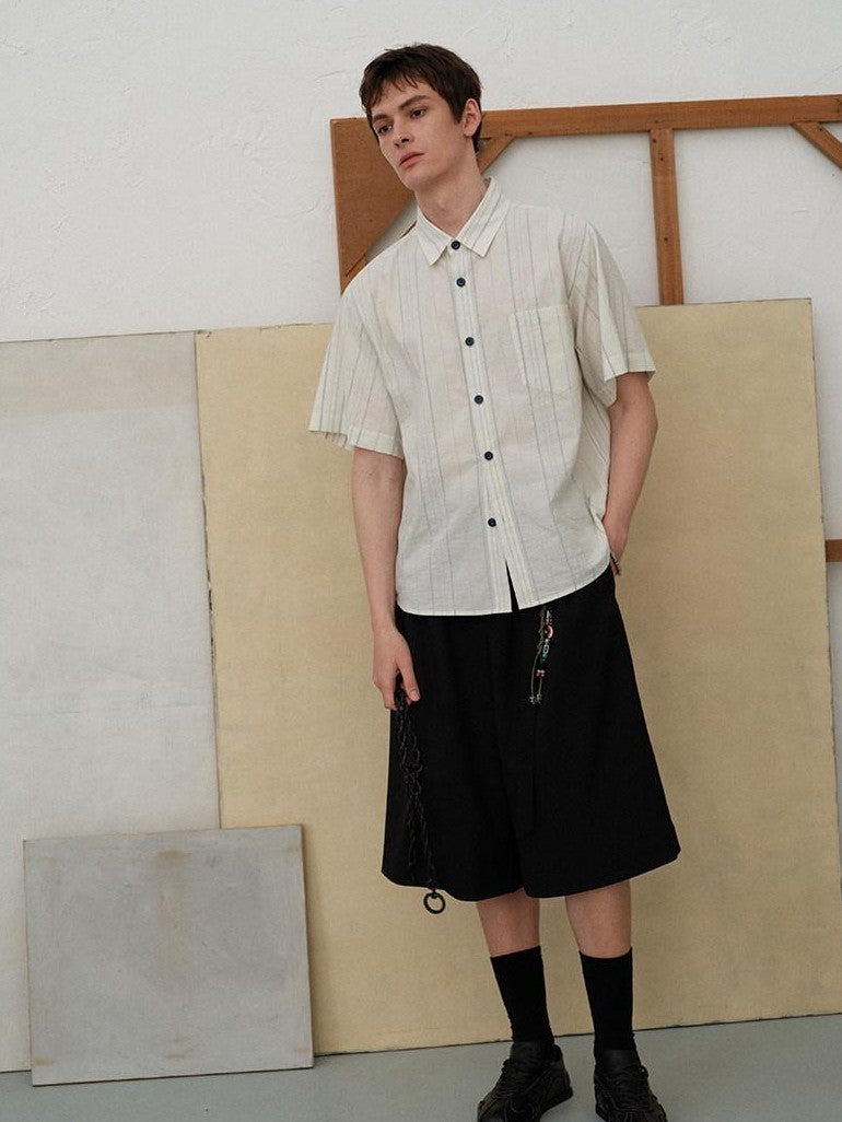 soknot Black Straight Wide Leg Cropped Men's Poly Viscose Blend Tailored Shorts