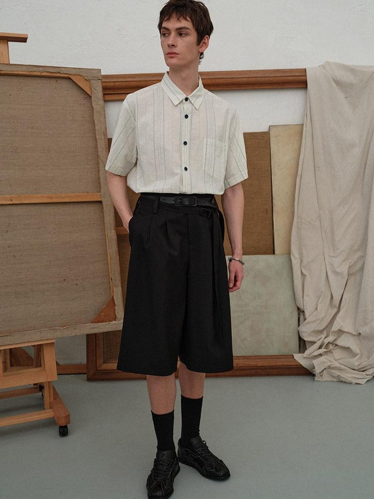 soknot Black Straight Wide Leg Cropped Men's Poly Viscose Blend Tailored Shorts