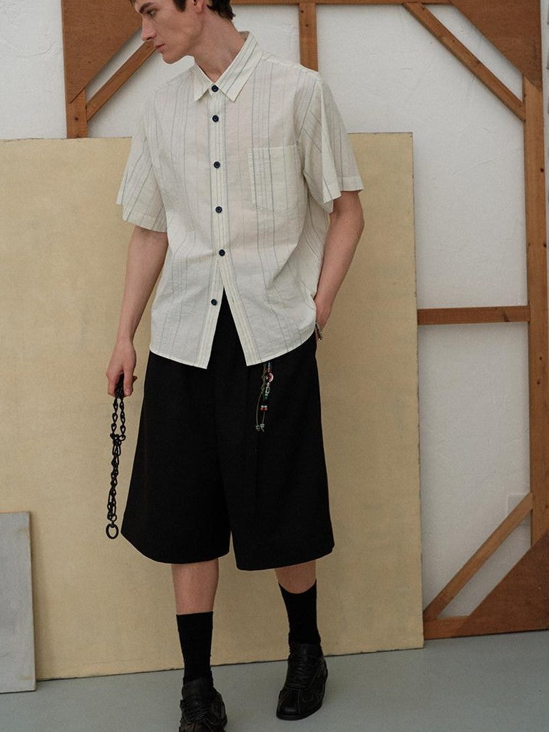 soknot Black Straight Wide Leg Cropped Men's Poly Viscose Blend Tailored Shorts