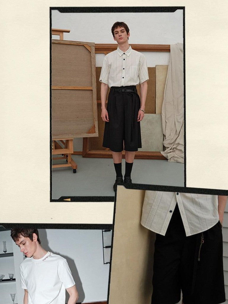 soknot Black Straight Wide Leg Cropped Men's Poly Viscose Blend Tailored Shorts