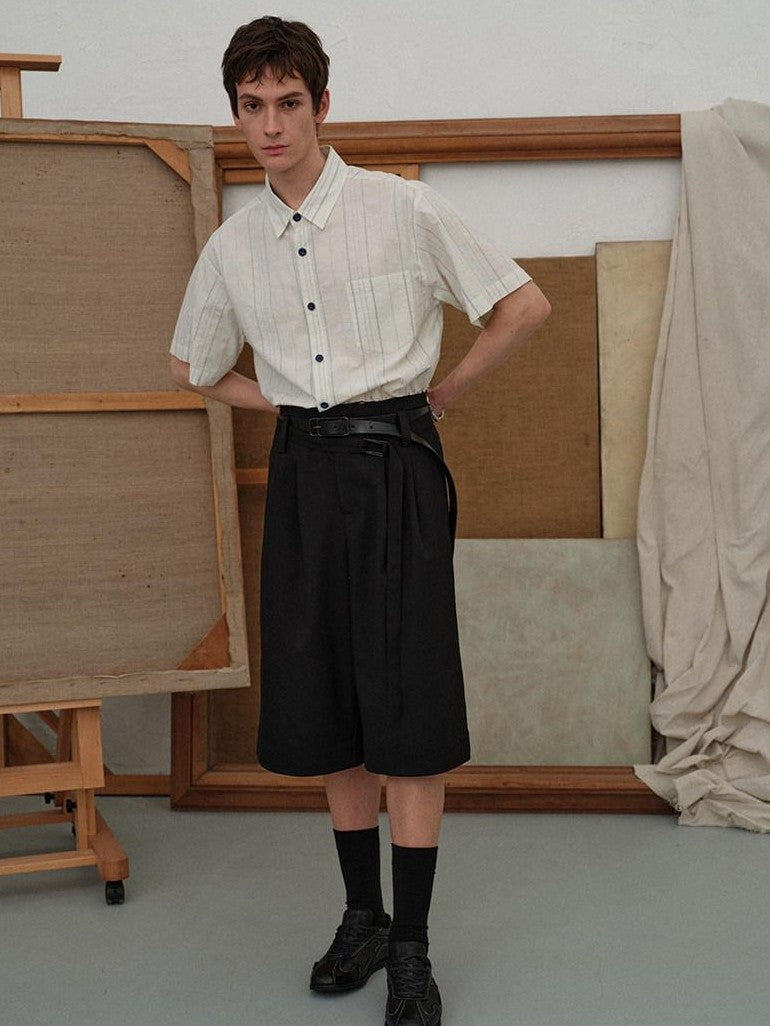 soknot Black Straight Wide Leg Cropped Men's Poly Viscose Blend Tailored Shorts