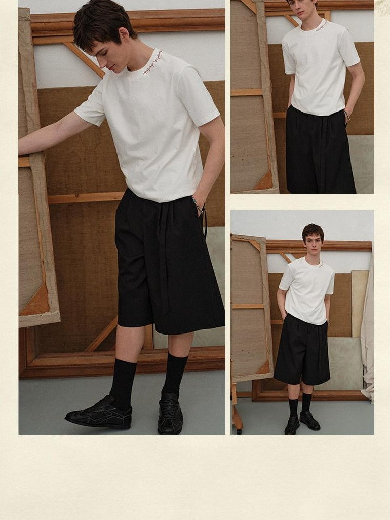 soknot Black Straight Wide Leg Cropped Men's Poly Viscose Blend Tailored Shorts