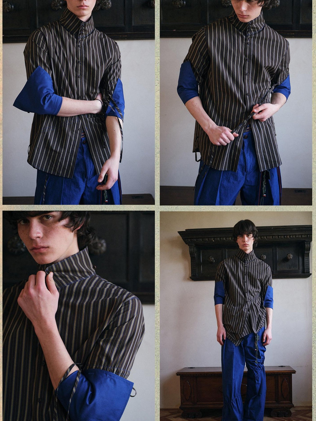 soknot Blue Brown Interwoven Stripes Double High Collar Men's Cotton Dress Shirts
