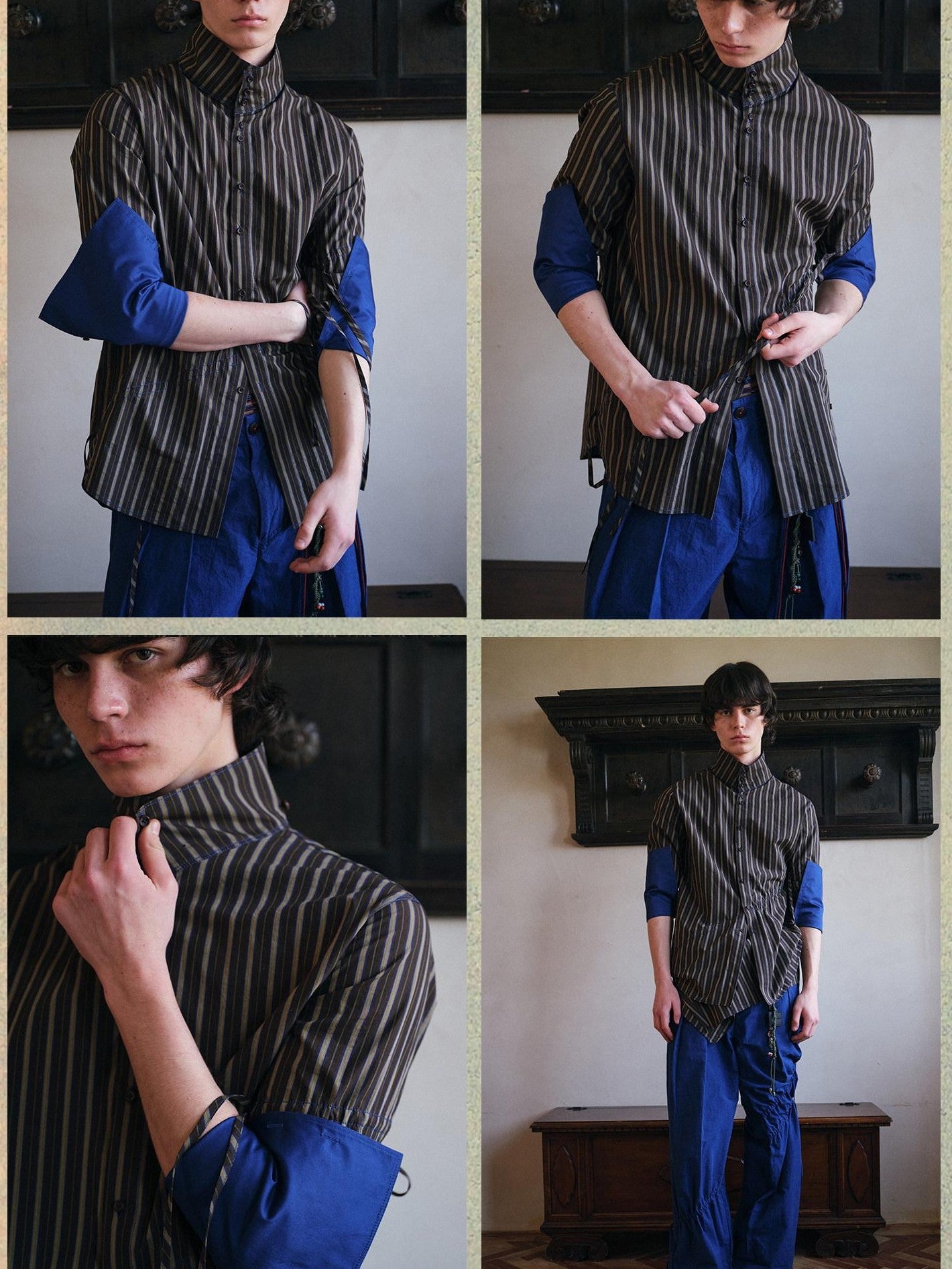 soknot Blue Brown Interwoven Stripes Double High Collar Men's Cotton Dress Shirts