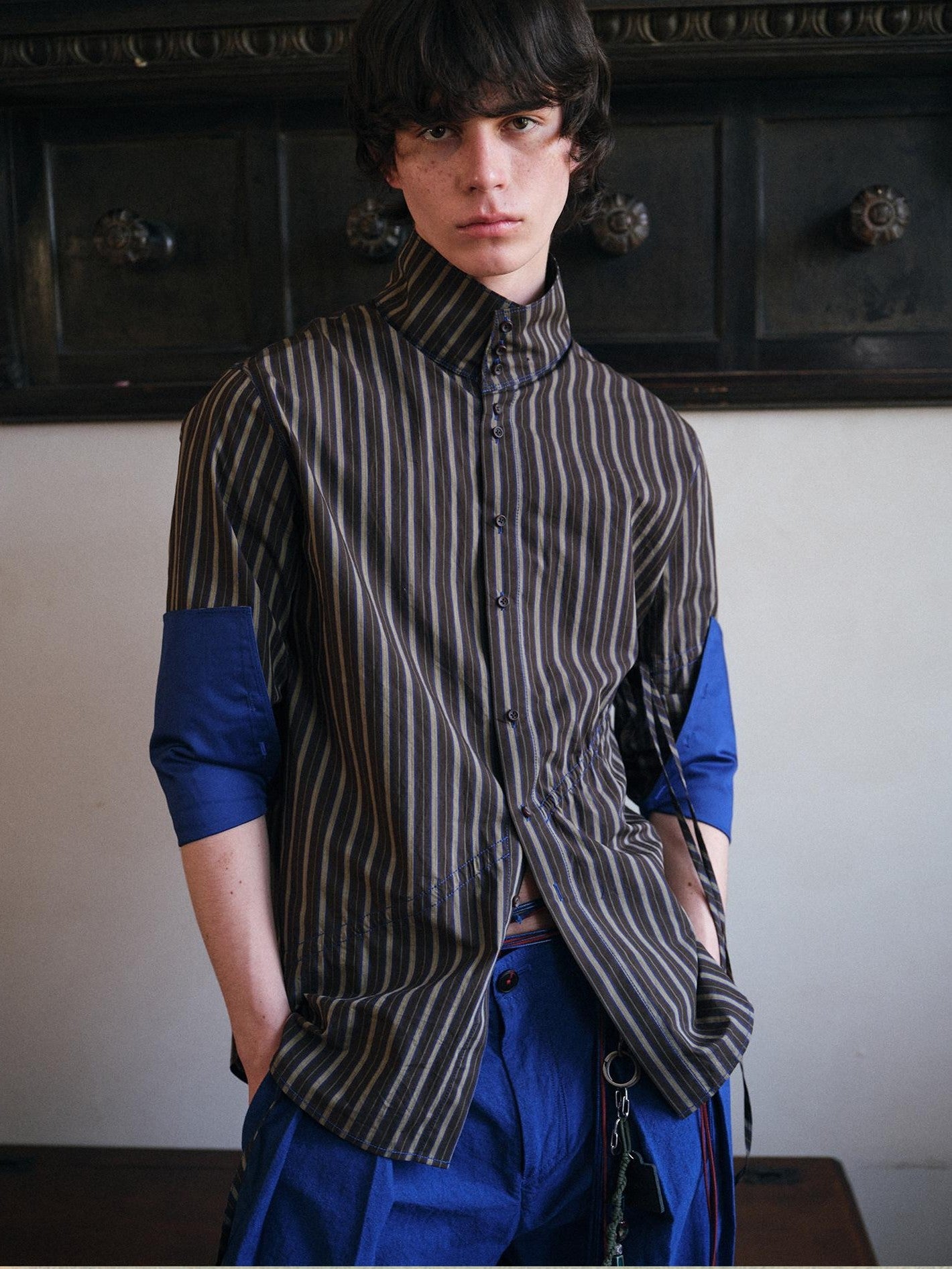 soknot Blue Brown Interwoven Stripes Double High Collar Men's Cotton Dress Shirts