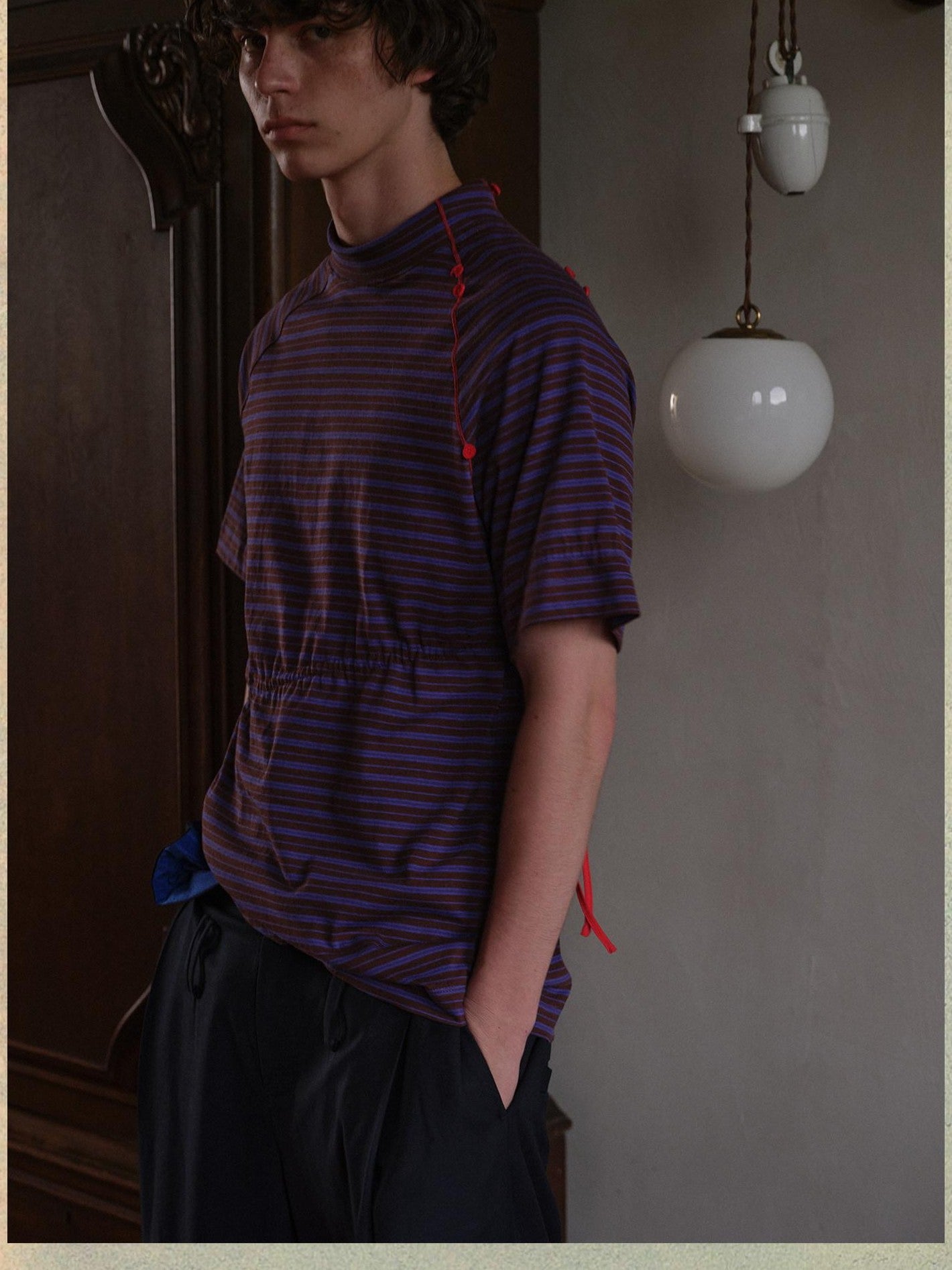 soknot Blue Coffee Striped Asymmetric Slim Mock Neck Men's Cotton Short Sleeve T-shirts