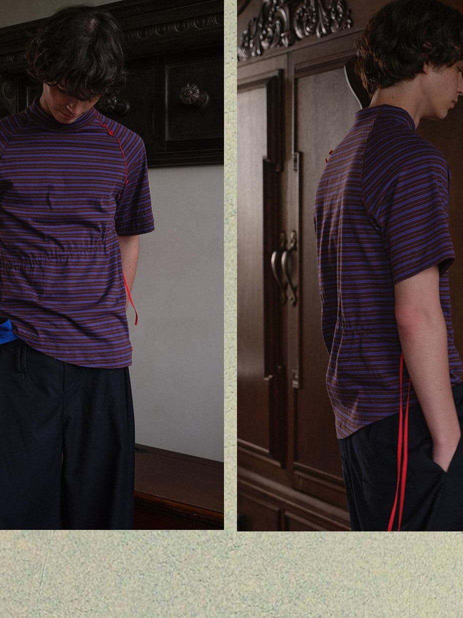 soknot Blue Coffee Striped Asymmetric Slim Mock Neck Men's Cotton Short Sleeve T-shirts