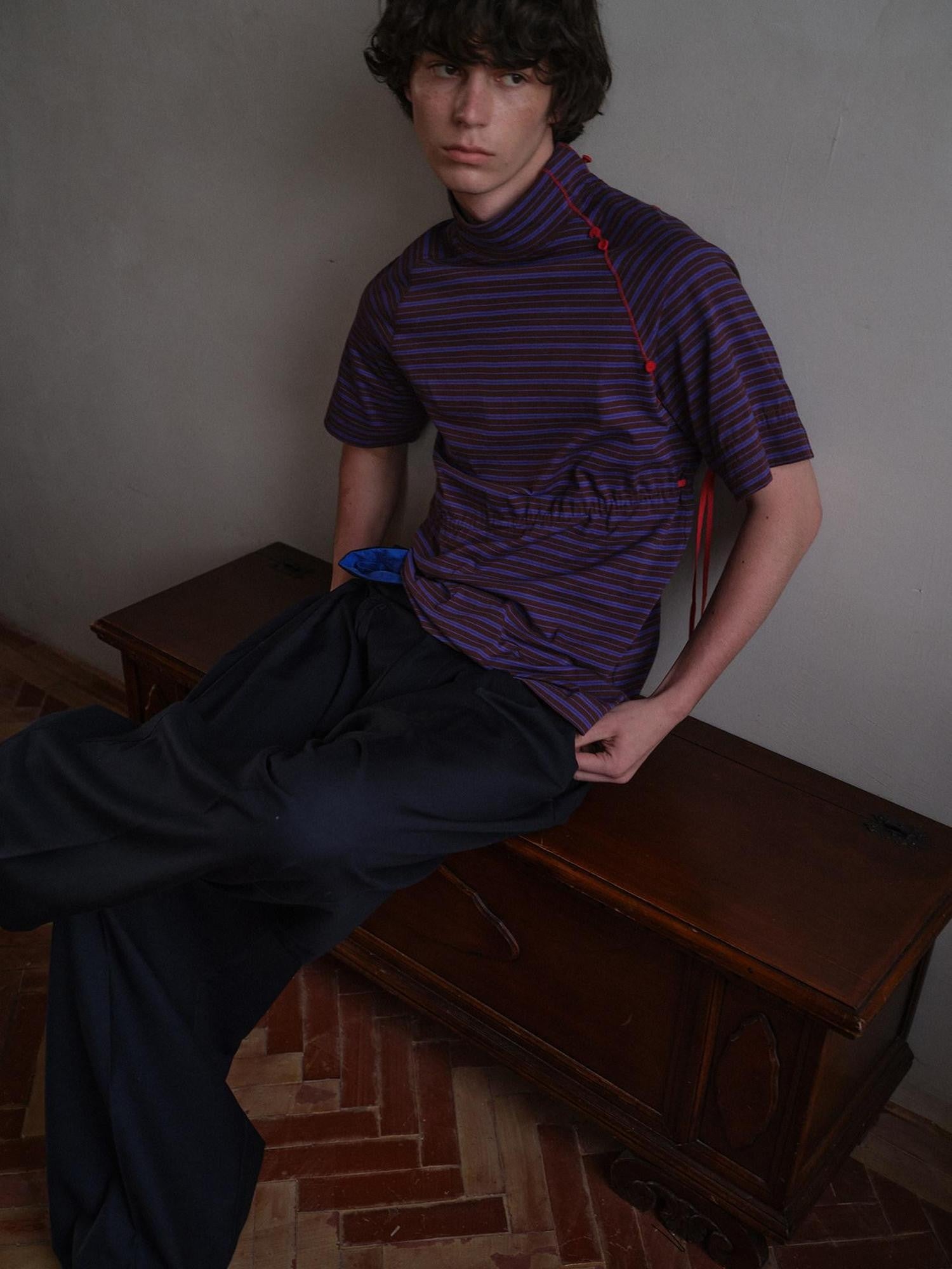 soknot Blue Coffee Striped Asymmetric Slim Mock Neck Men's Cotton Short Sleeve T-shirts