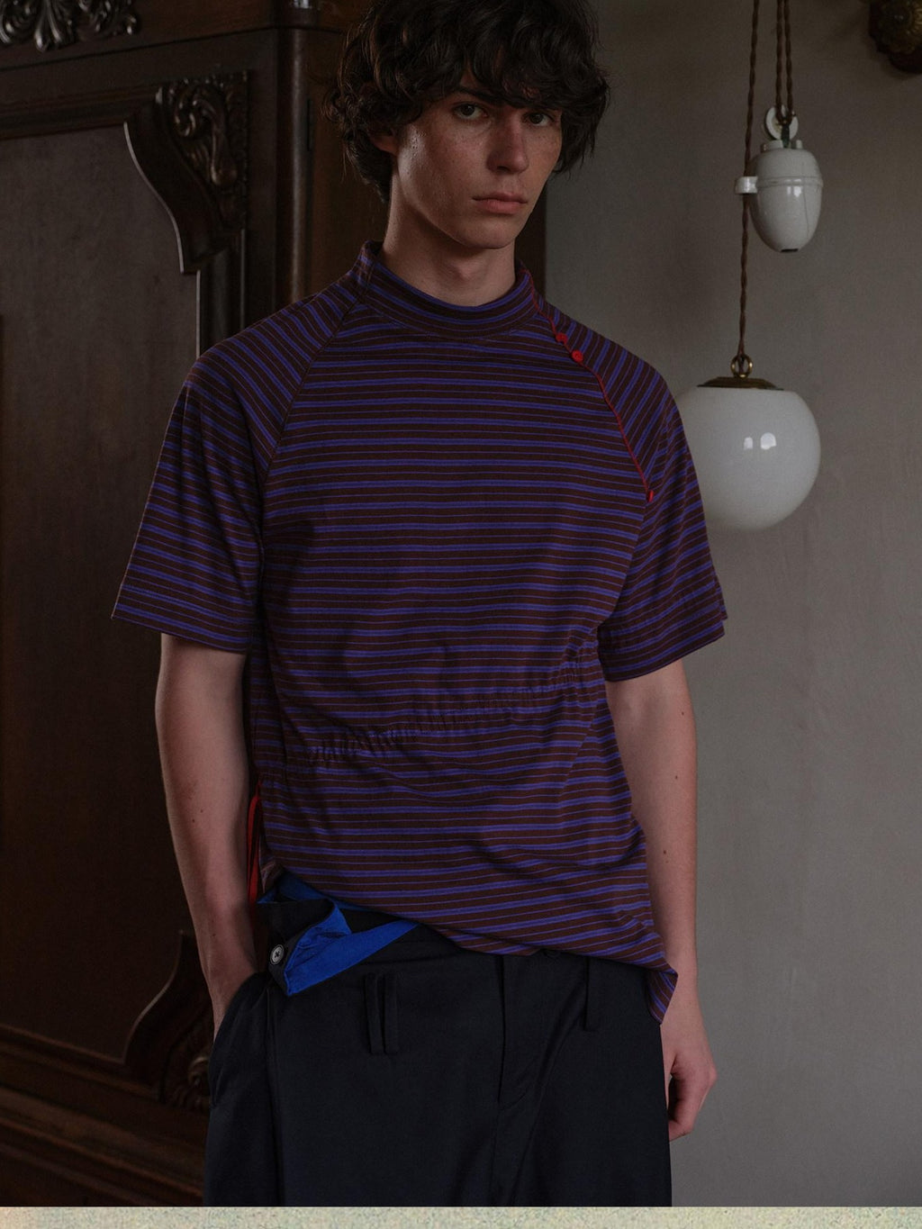 soknot Blue Coffee Striped Asymmetric Slim Mock Neck Men's Cotton Short Sleeve T-shirts