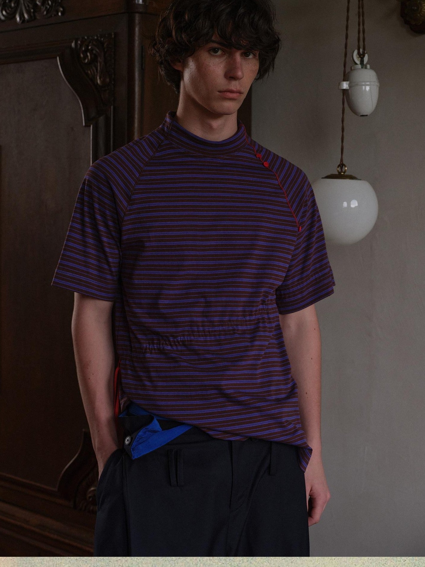 soknot Blue Coffee Striped Asymmetric Slim Mock Neck Men's Cotton Short Sleeve T-shirts