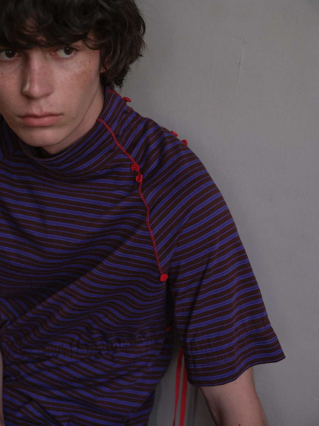 soknot Blue Coffee Striped Asymmetric Slim Mock Neck Men's Cotton Short Sleeve T-shirts