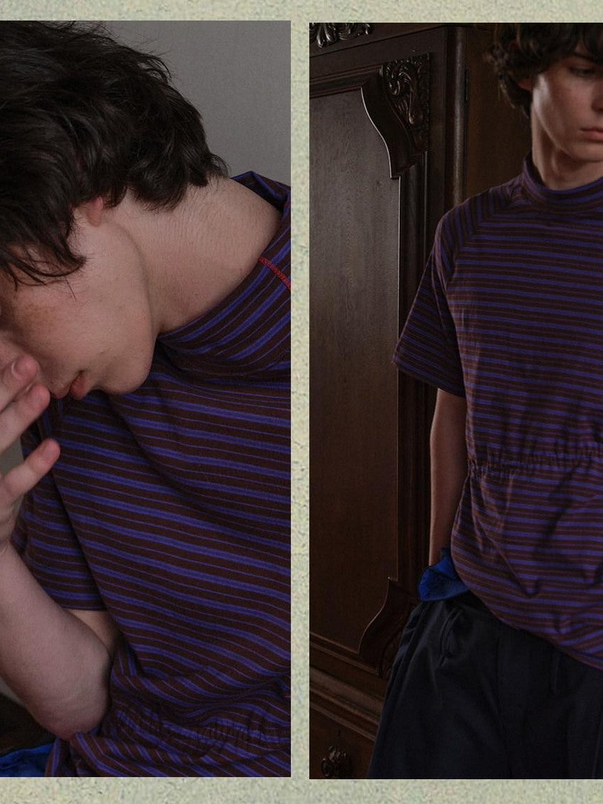 soknot Blue Coffee Striped Asymmetric Slim Mock Neck Men's Cotton Short Sleeve T-shirts