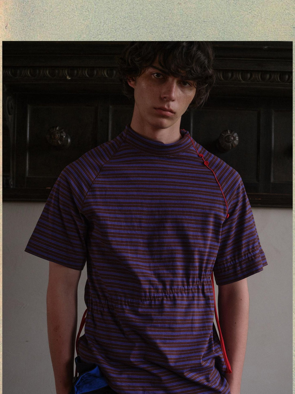 soknot Blue Coffee Striped Asymmetric Slim Mock Neck Men's Cotton Short Sleeve T-shirts