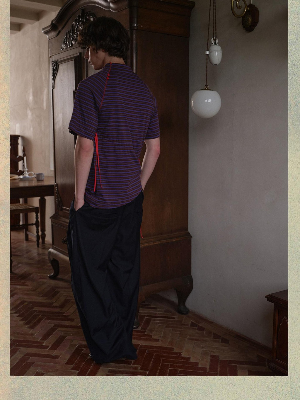 soknot Blue Coffee Striped Asymmetric Slim Mock Neck Men's Cotton Short Sleeve T-shirts