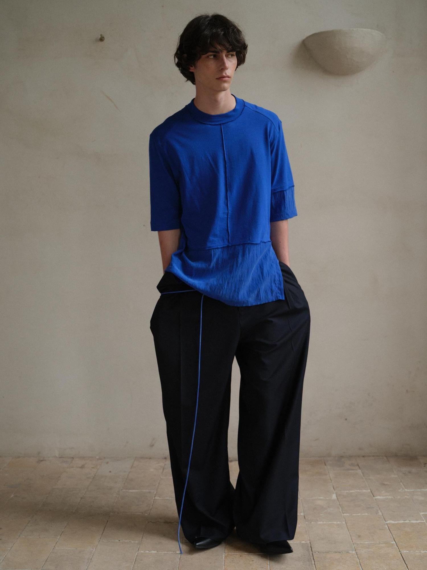 soknot Blue Contrast Colorblock Side Slit Men's Cupro Short Sleeve T-shirts