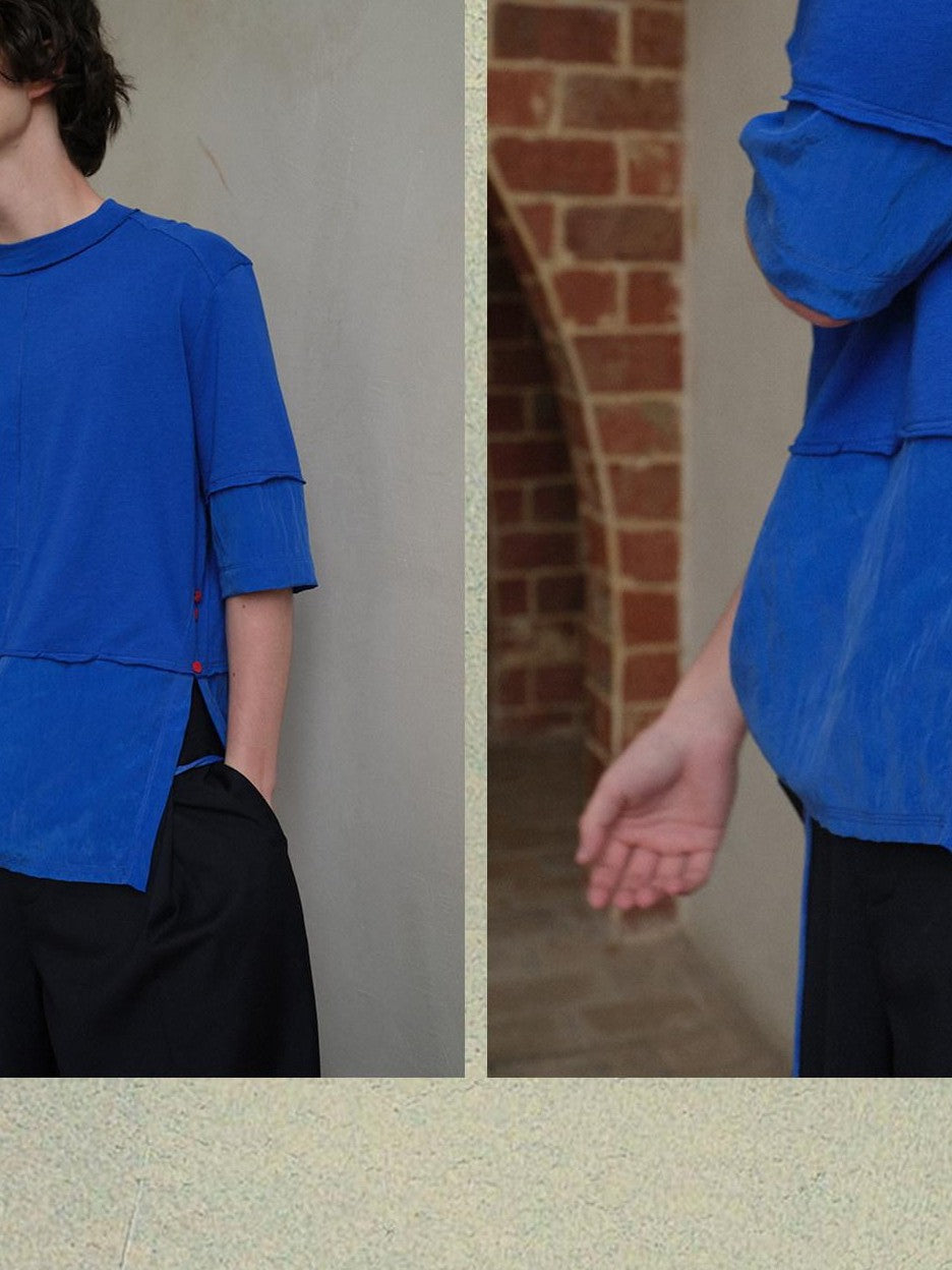 soknot Blue Contrast Colorblock Side Slit Men's Cupro Short Sleeve T-shirts
