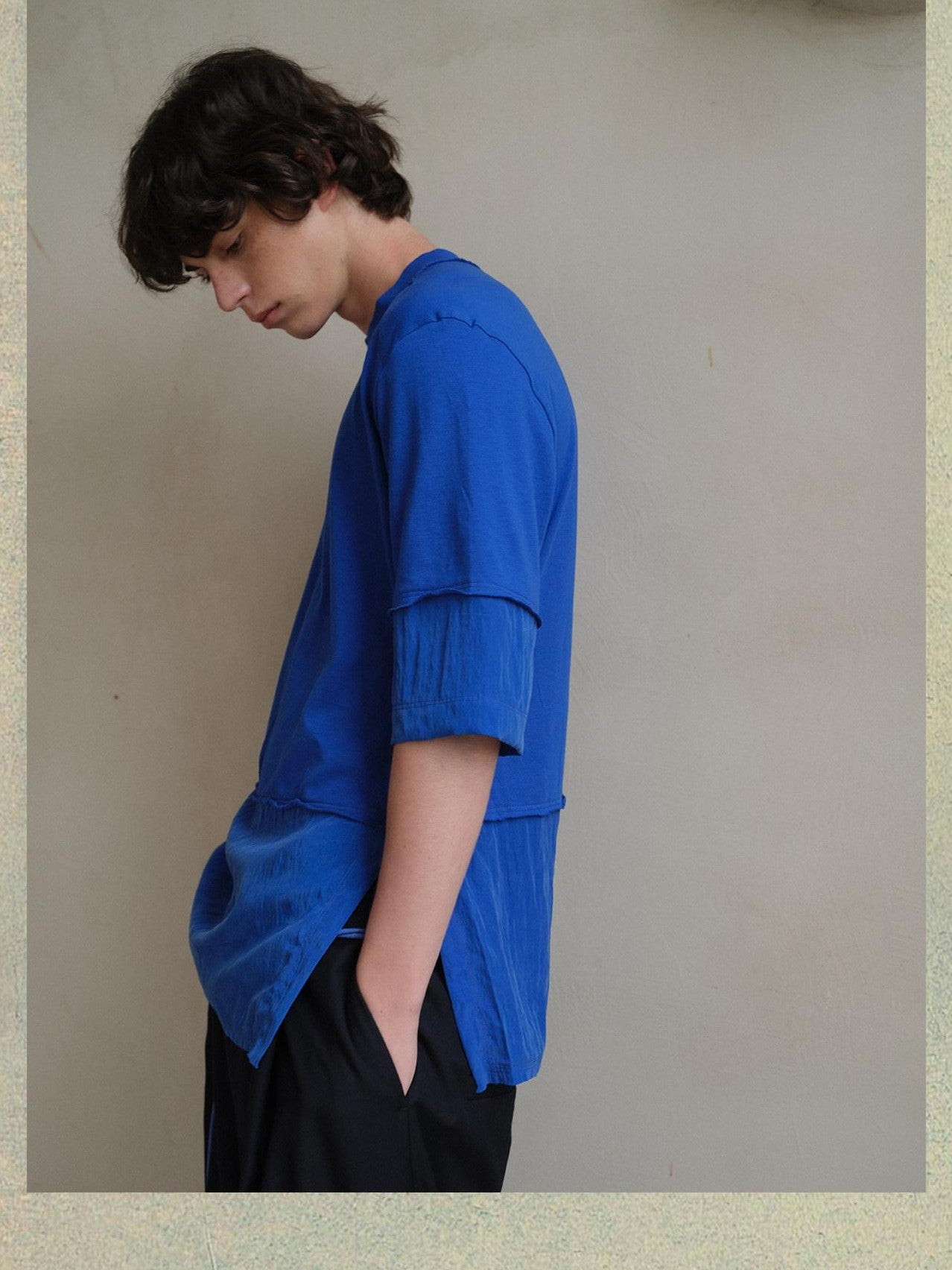 soknot Blue Contrast Colorblock Side Slit Men's Cupro Short Sleeve T-shirts