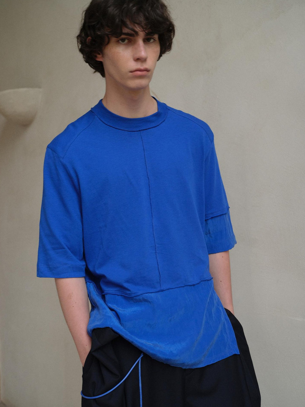 soknot Blue Contrast Colorblock Side Slit Men's Cupro Short Sleeve T-shirts