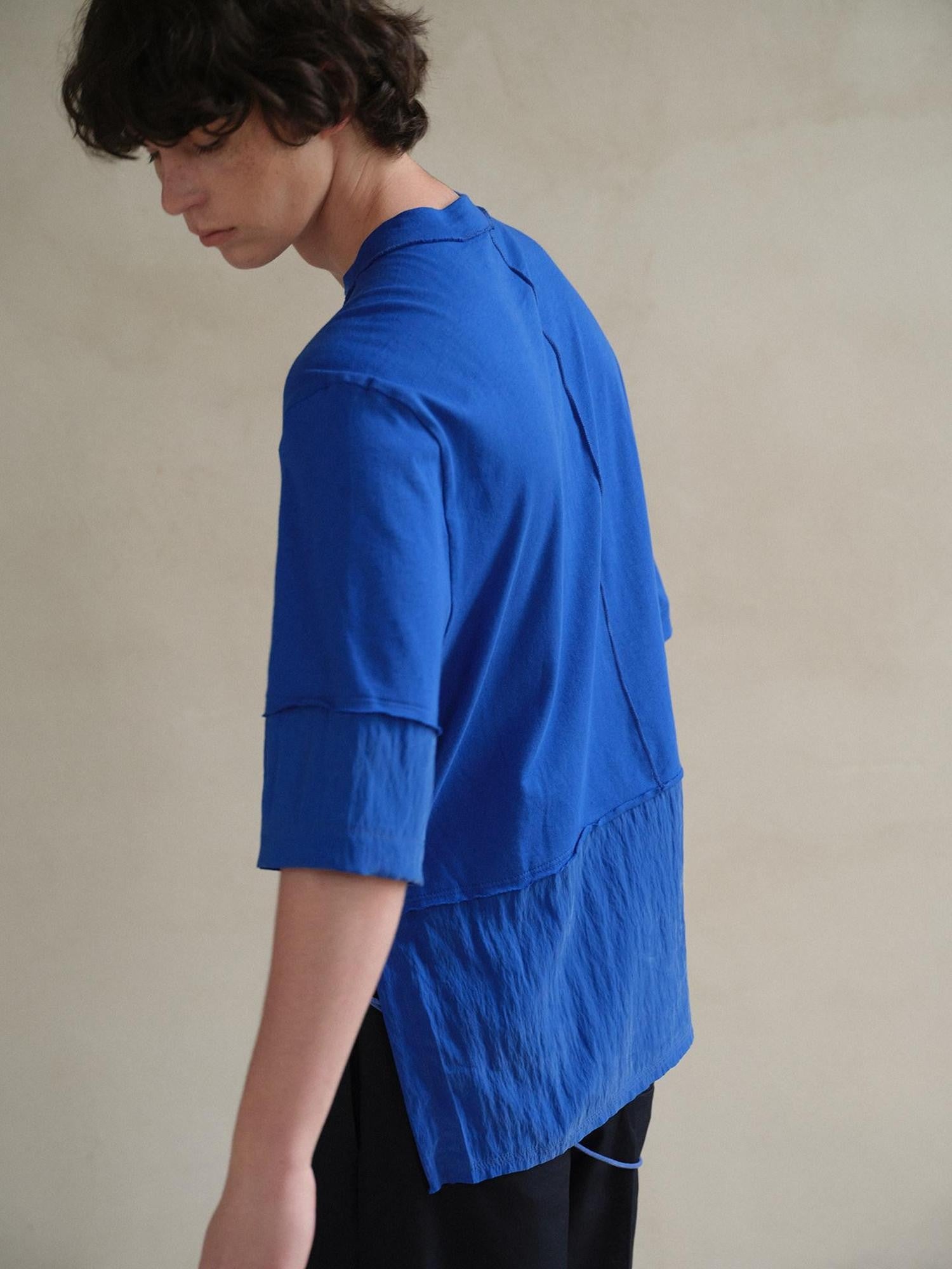 soknot Blue Contrast Colorblock Side Slit Men's Cupro Short Sleeve T-shirts